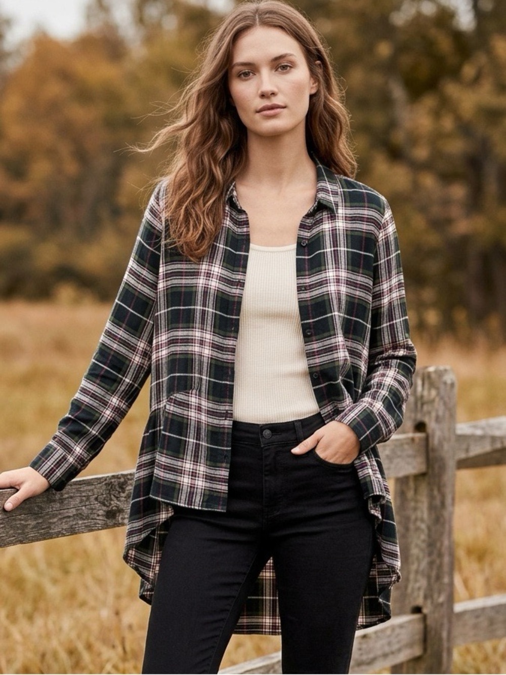 Peace & Pearls High-Low Button Front Plaid Shirt Tunic